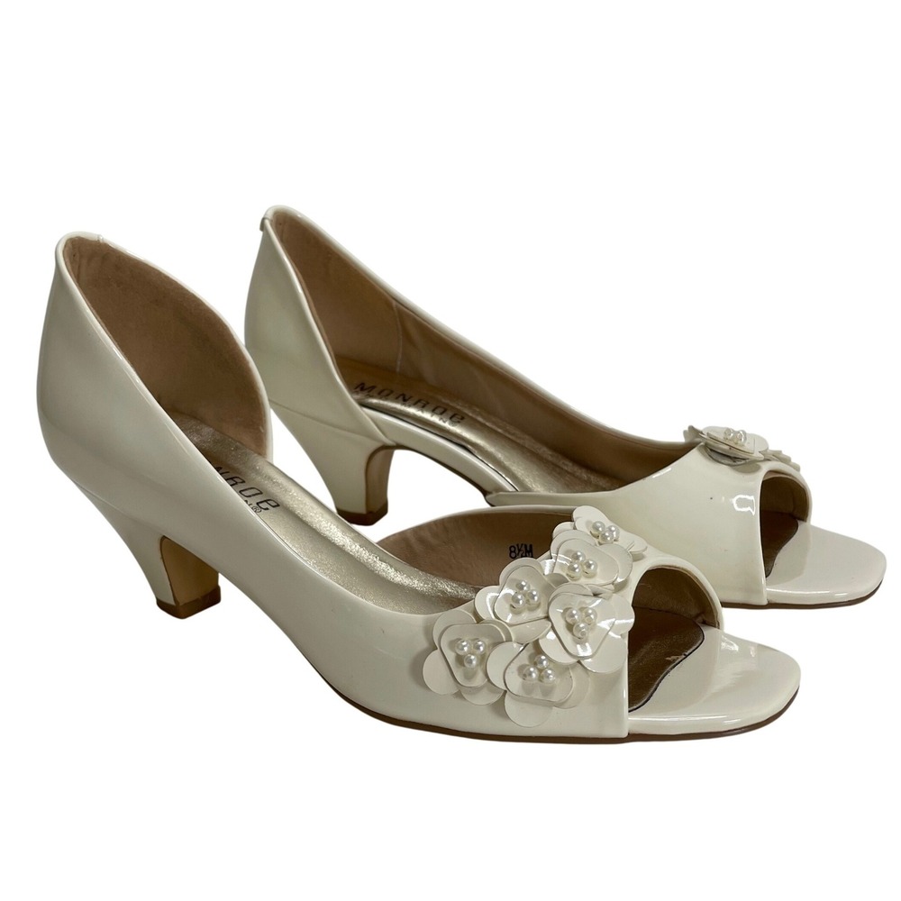 Monroe & Main Ivory Patent dOrsay Kitten Heels Floral Pearl Peep Toe 8.5M Bride